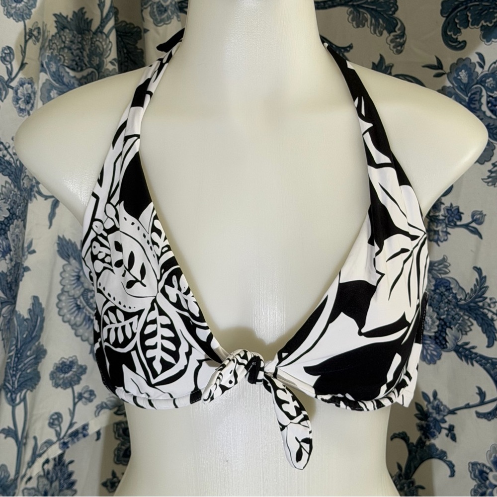 Black & White Floral Halter Bikini Top